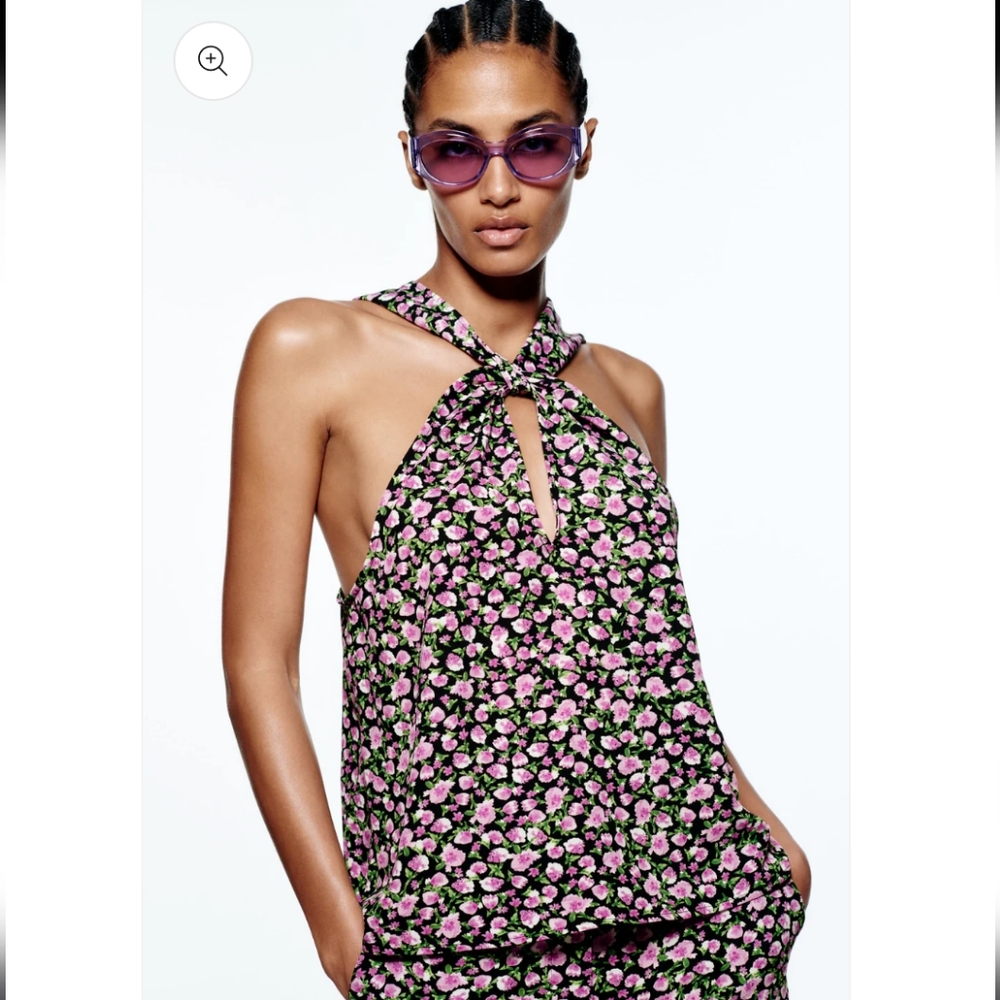 ZARA | Women's Purple/Blk Floral Front Twist Halter Top NWOT